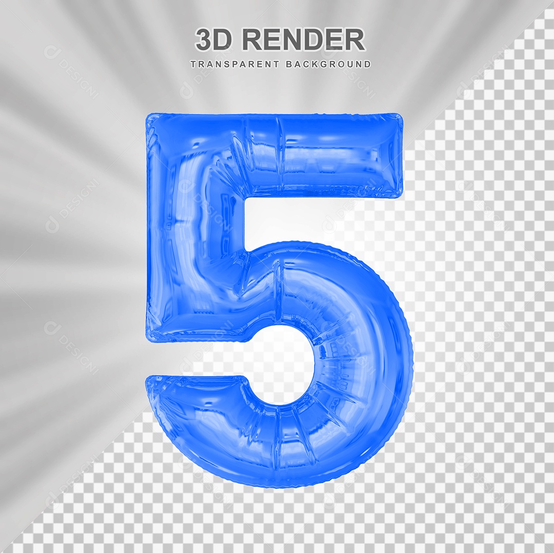 Balão Número 5 Azul Elemento 3D para Composição PSD