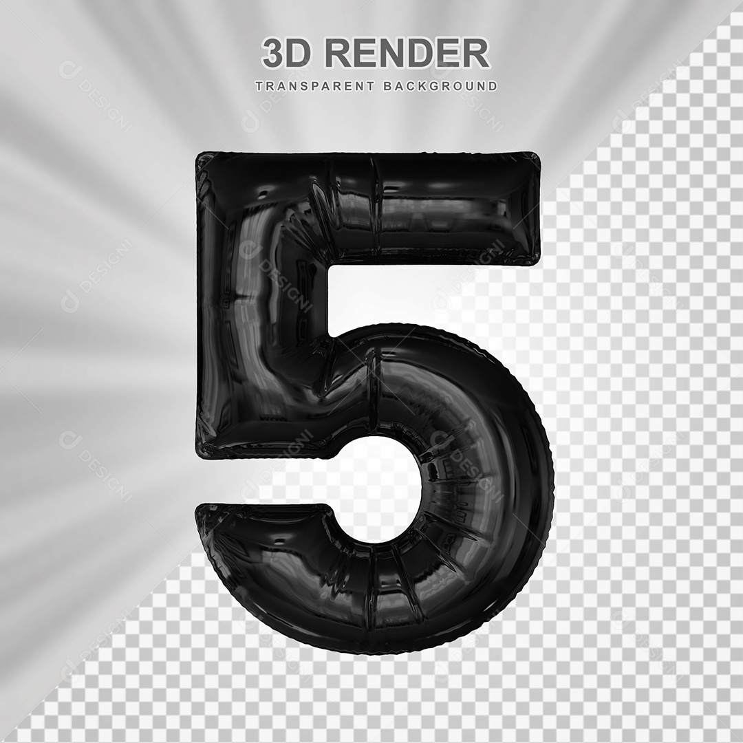 Balão Número 5 Preto Elemento 3D para Composição PSD