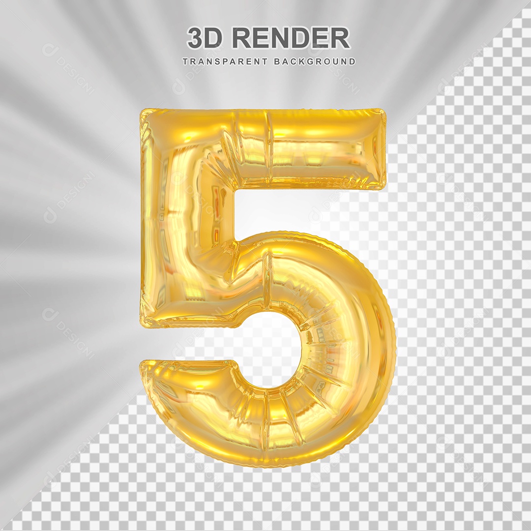 Balão Número 5 Dourado Elemento 3D para Composição PSD