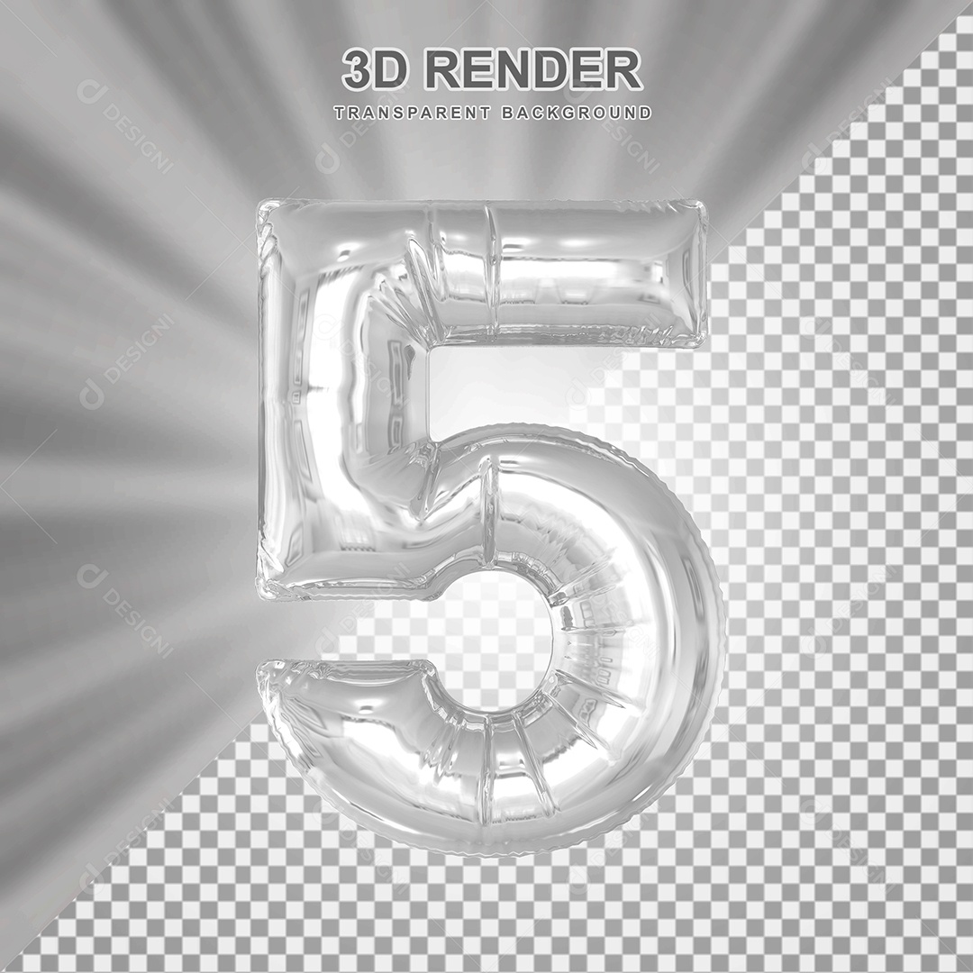 Balão Número 5 Cinza Elemento 3D para Composição PSD