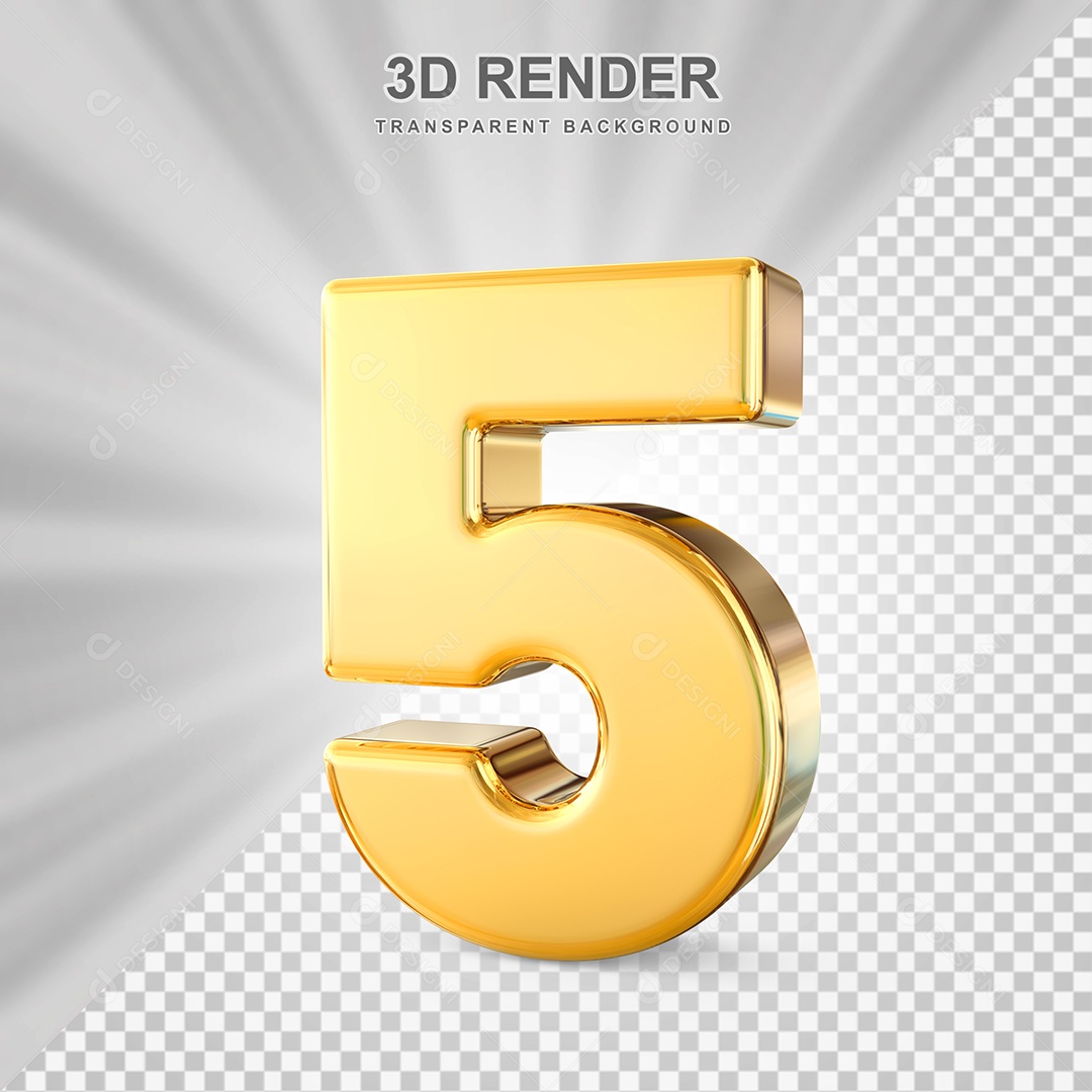 Número 5 Dourado Elemento 3D para Composição PSD