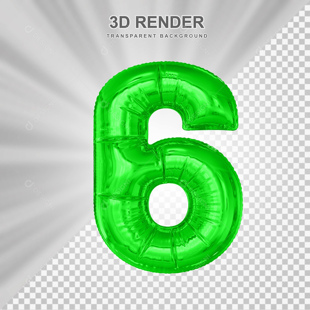 Balão Número 6 Verde Elemento 3D para Composição PSD