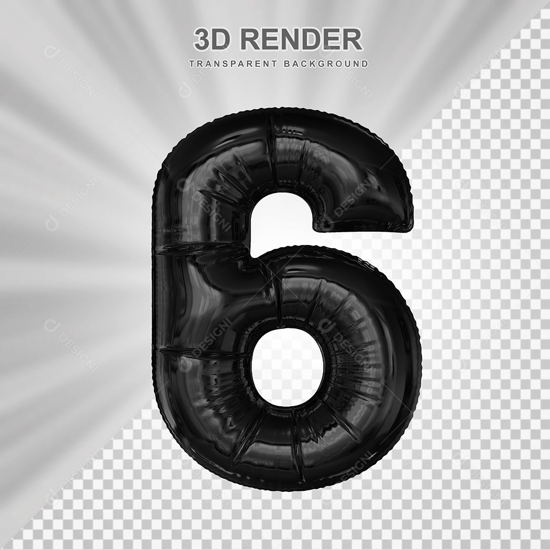Balão Número 6 Preto Elemento 3D para Composição PSD
