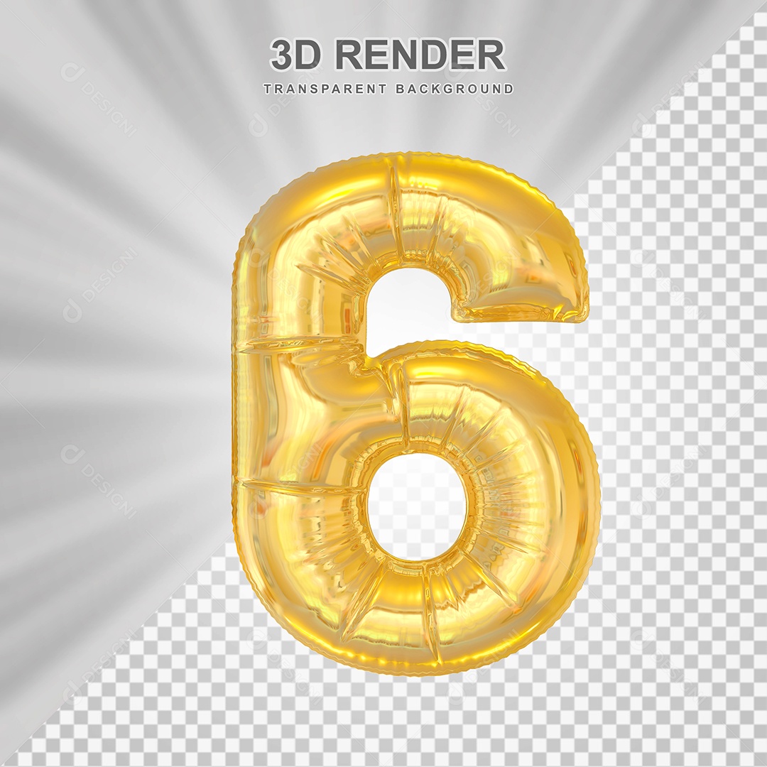 Balão Número 6 Dourado Elemento 3D para Composição PSD