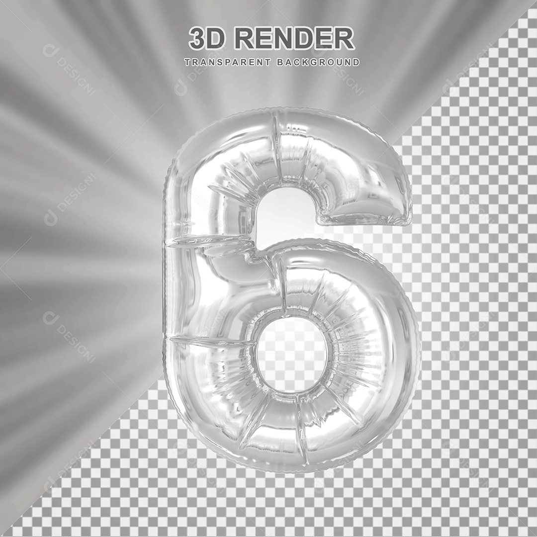 Balão Número 6 Cinza Elemento 3D para Composição PSD