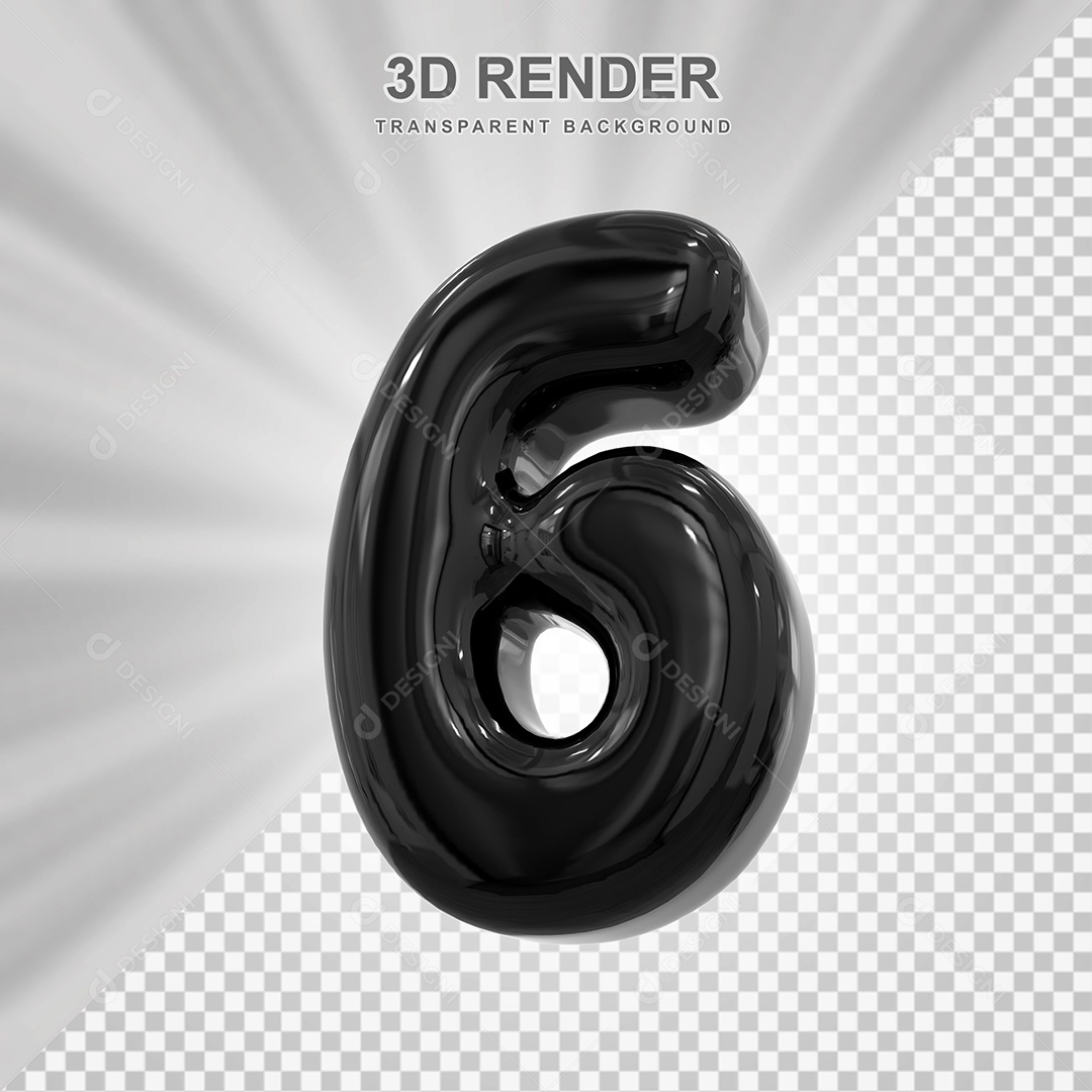 Número 6 Preto Elemento 3D para Composição PSD