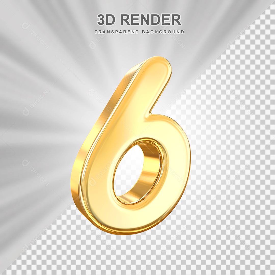 Número 6 Dourado Elemento 3D para Composição PSD