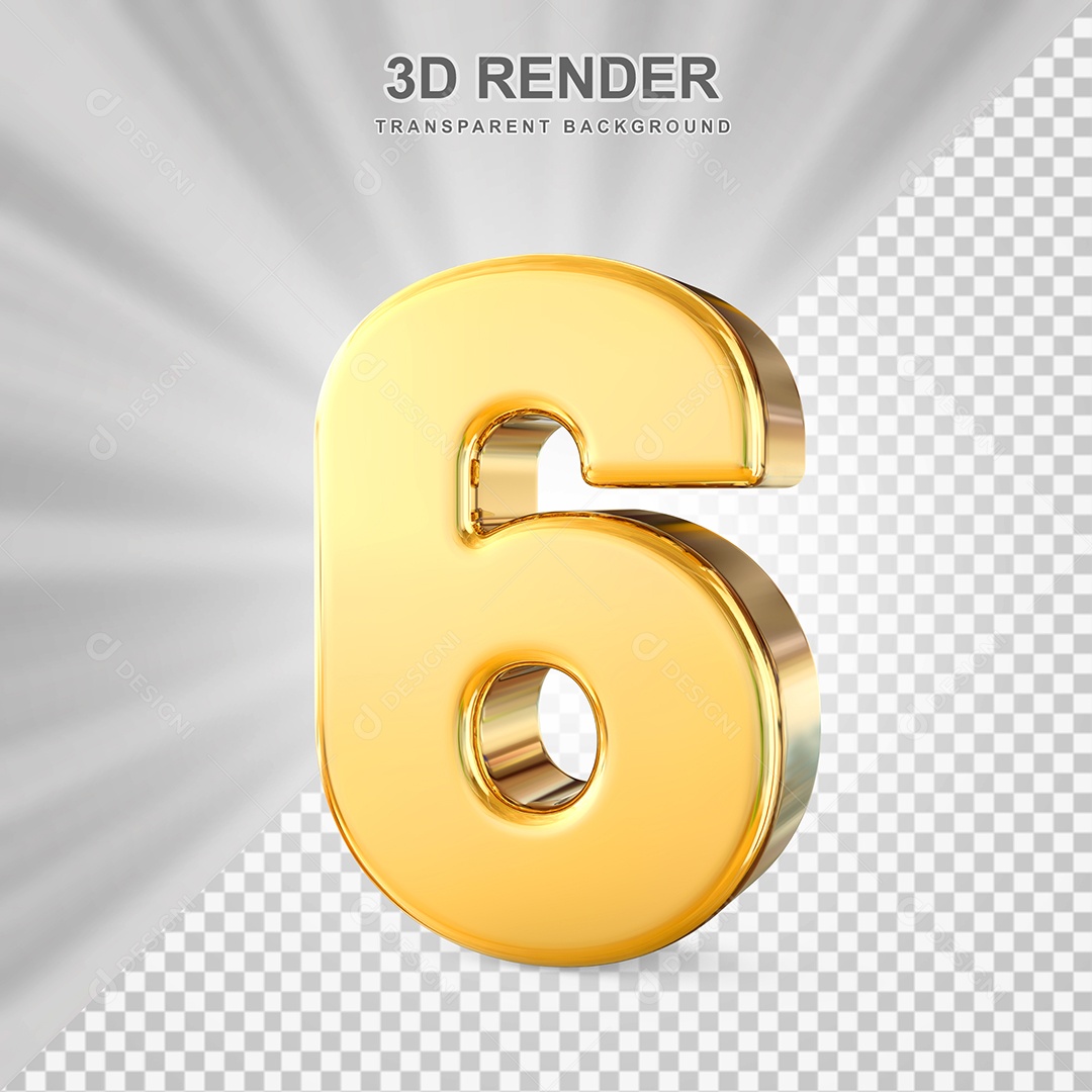 Número 6 Dourado Elemento 3D para Composição PSD
