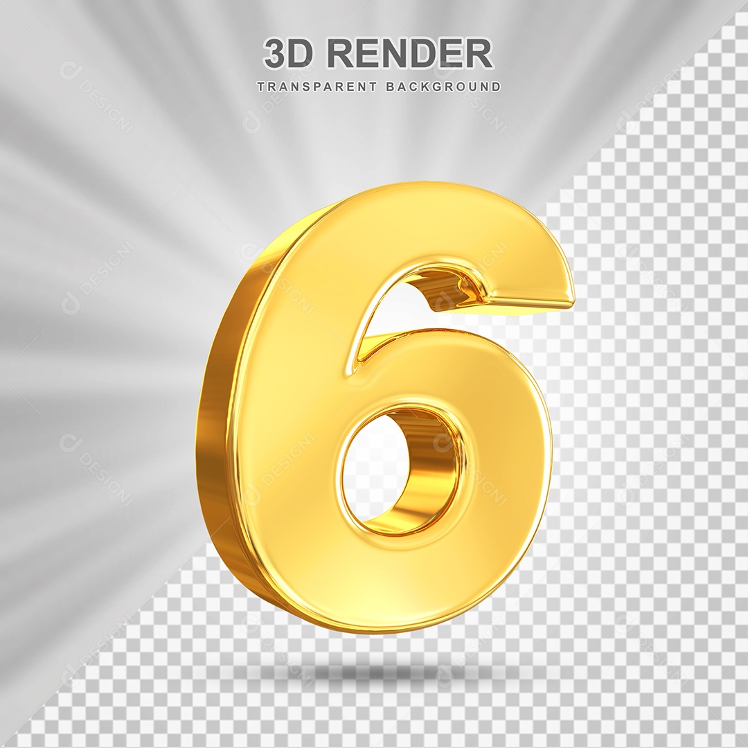 Número 6 Dourado Elemento 3D para Composição PSD