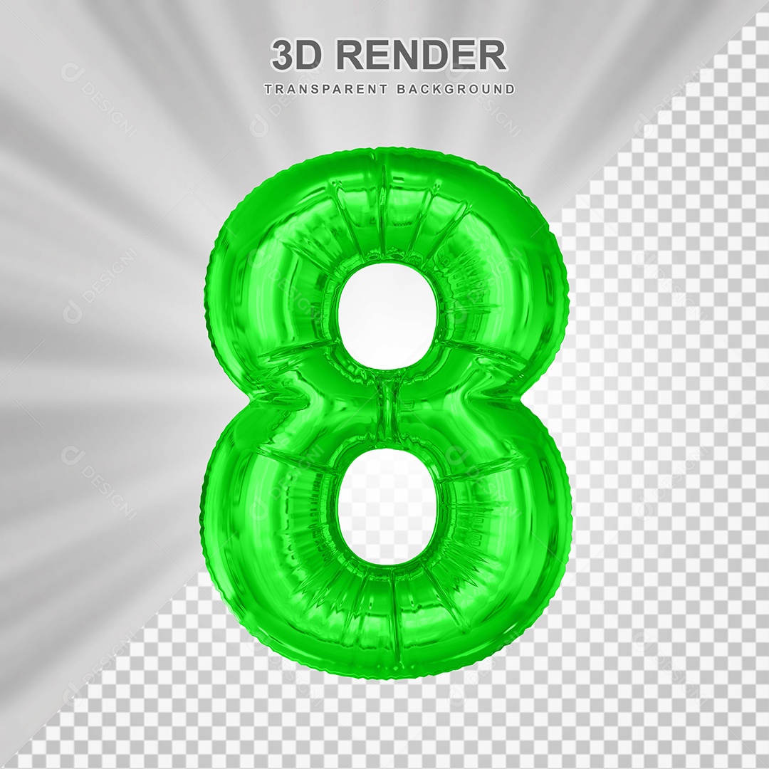 Balão Número 8 Verde Elemento 3D para Composição PSD