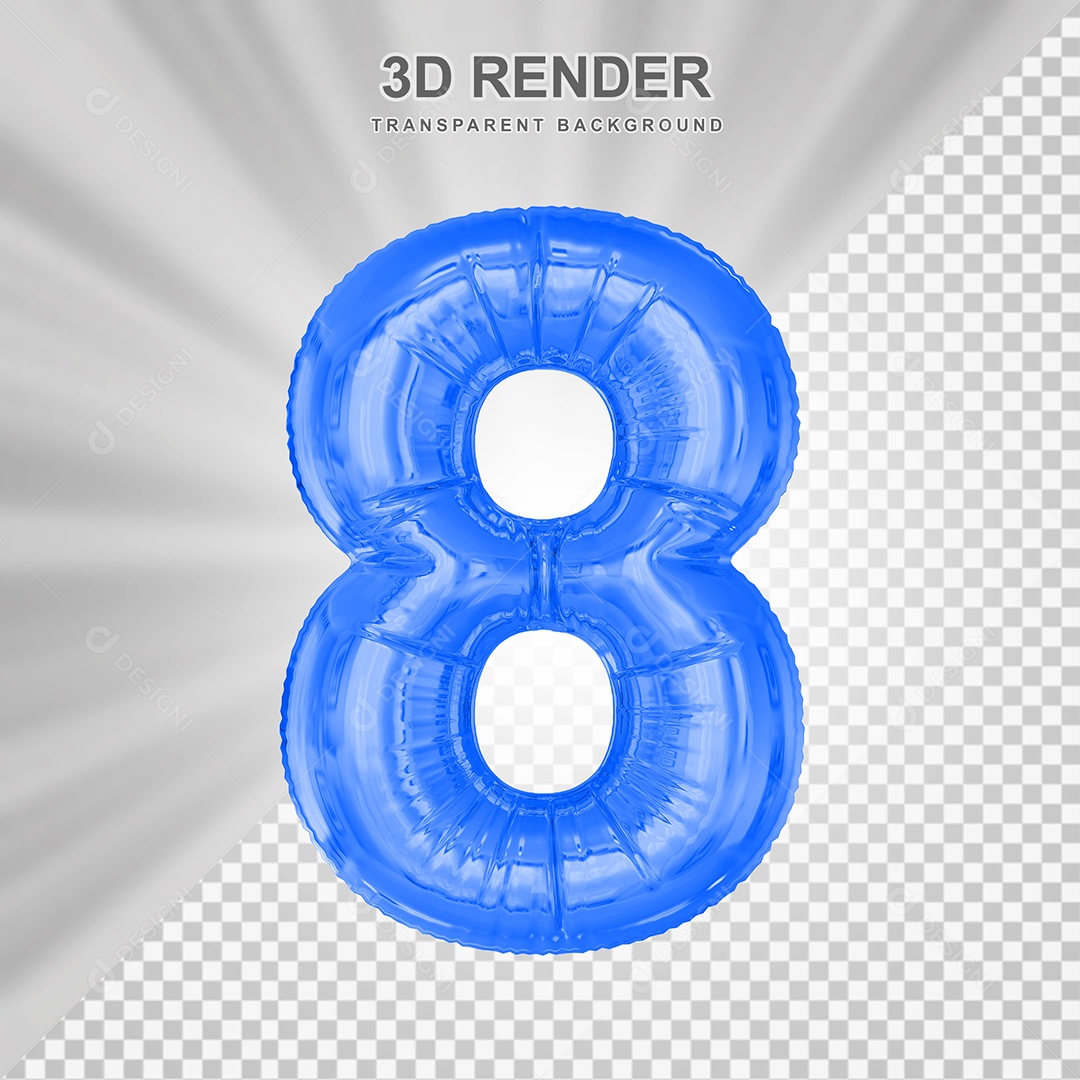 Balão Número 8 Azul Elemento 3D para Composição PSD
