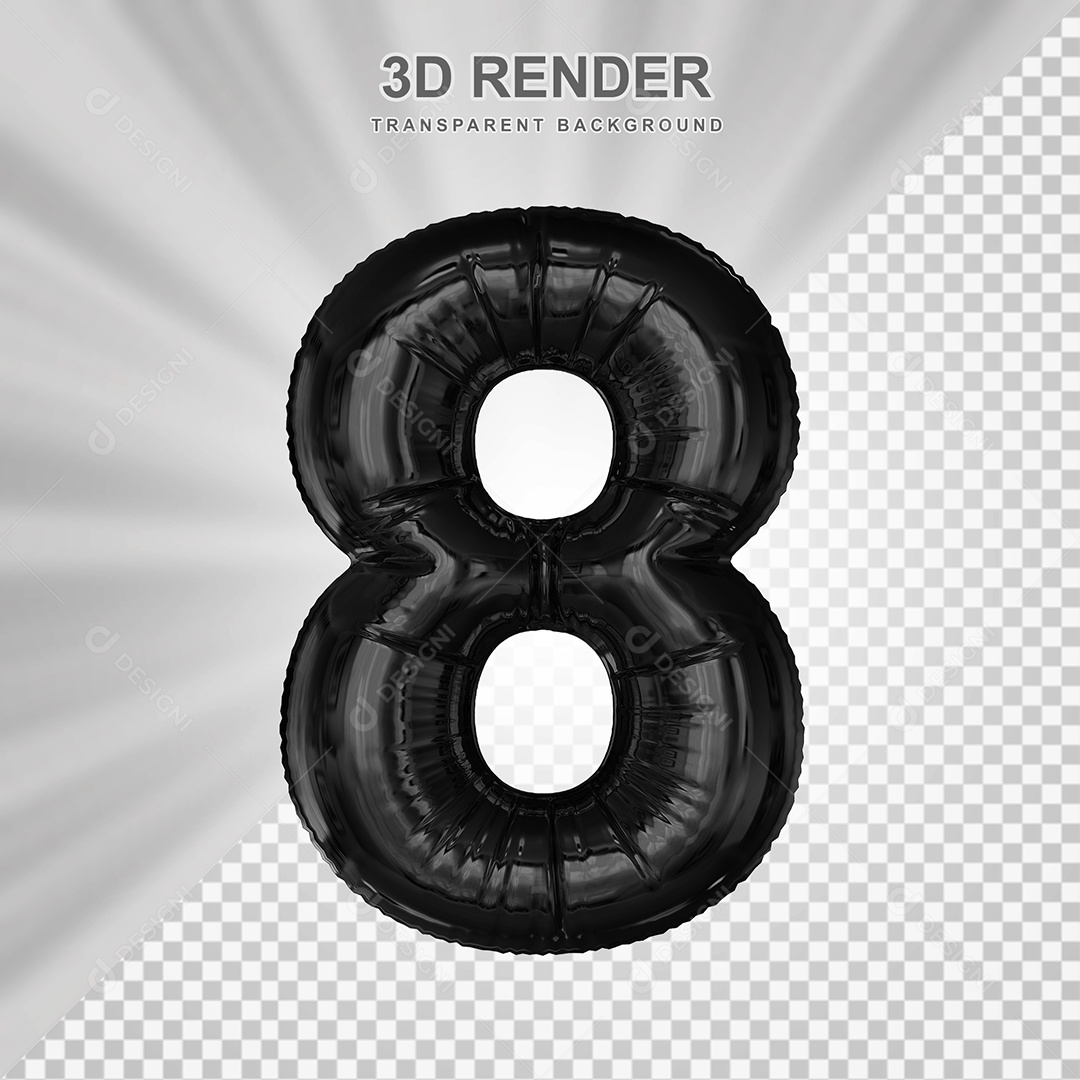 Balão Número 8 Preto Elemento 3D para Composição PSD