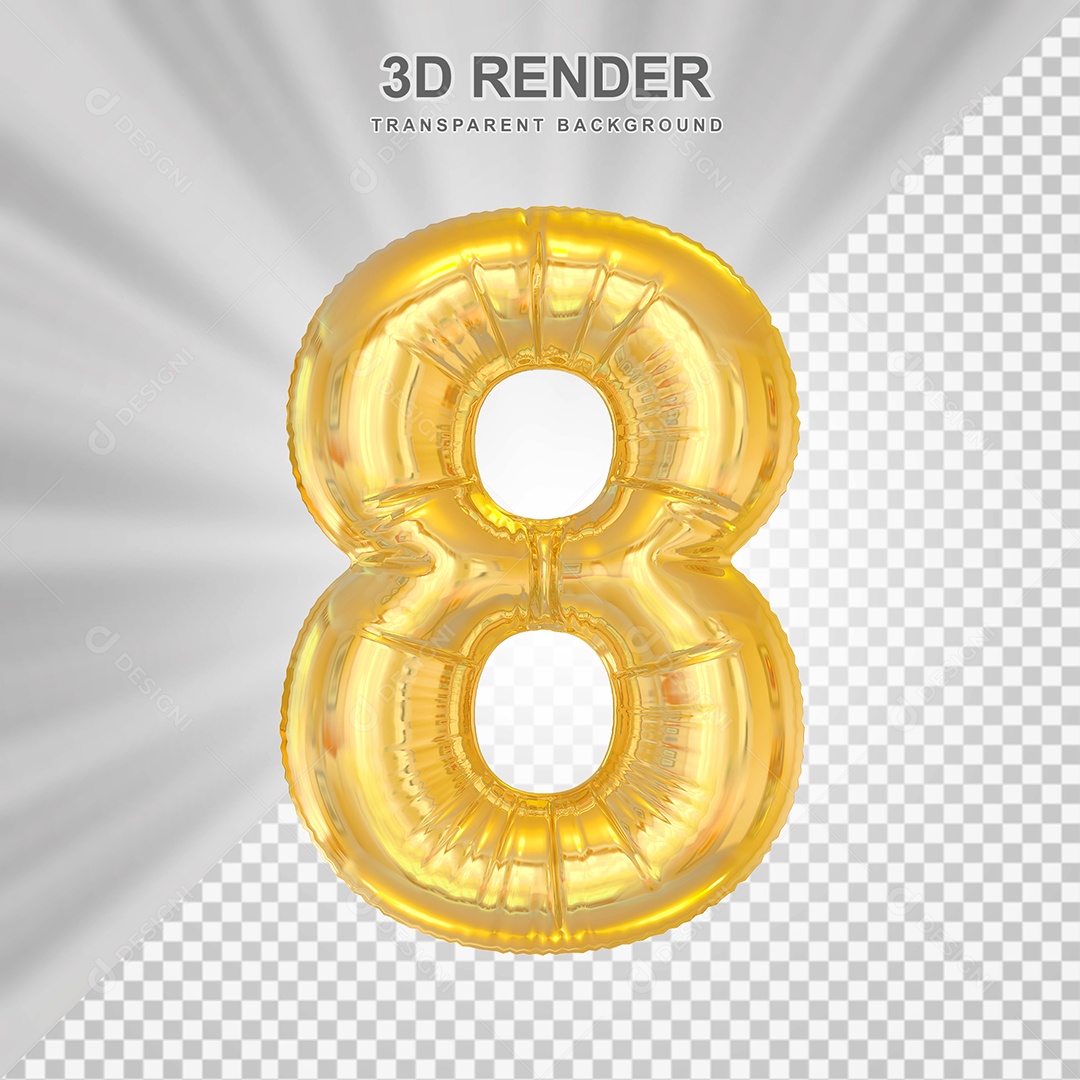 Balão Número 8 Dourado Elemento 3D para Composição PSD