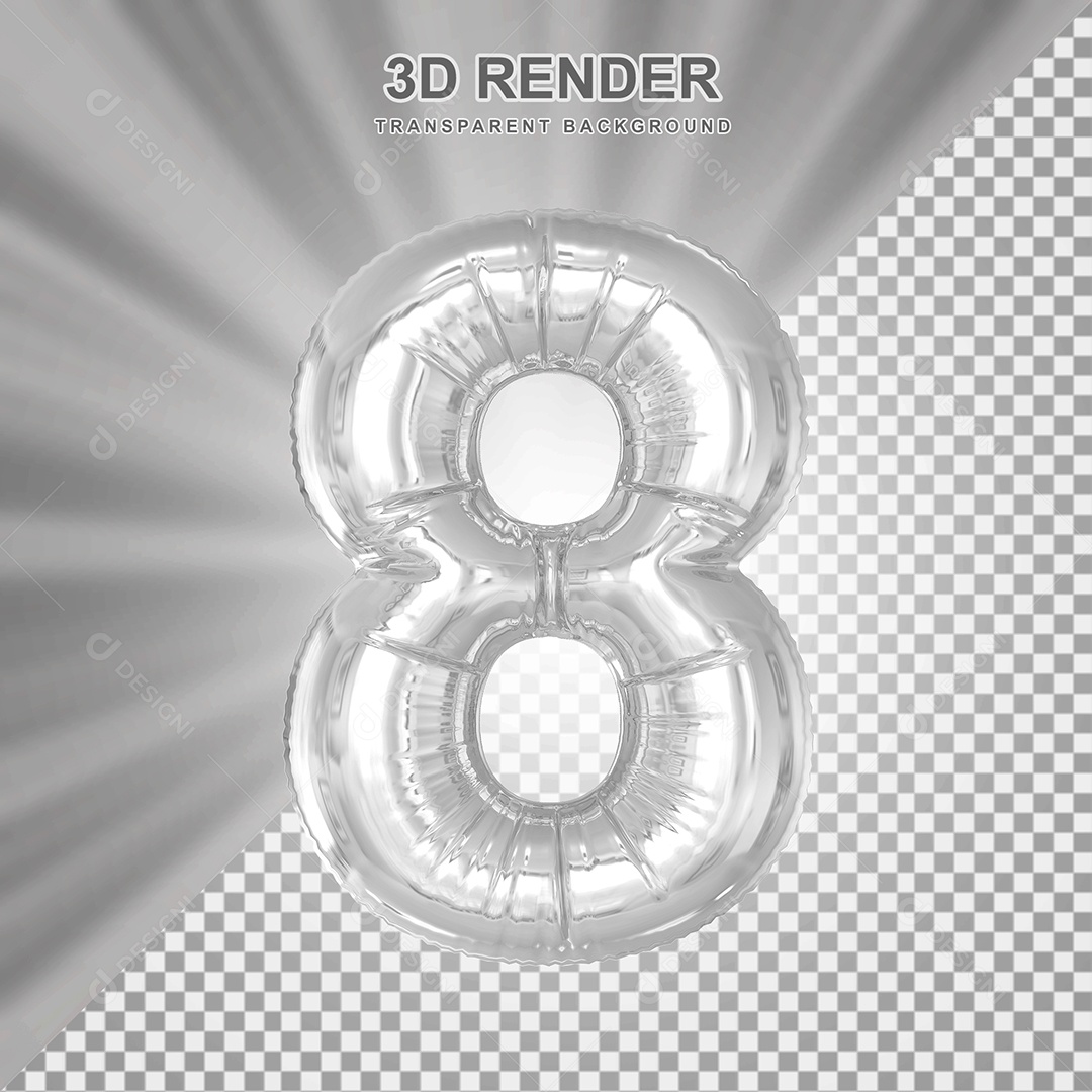 Balão Número 8 Cinza Elemento 3D para Composição PSD