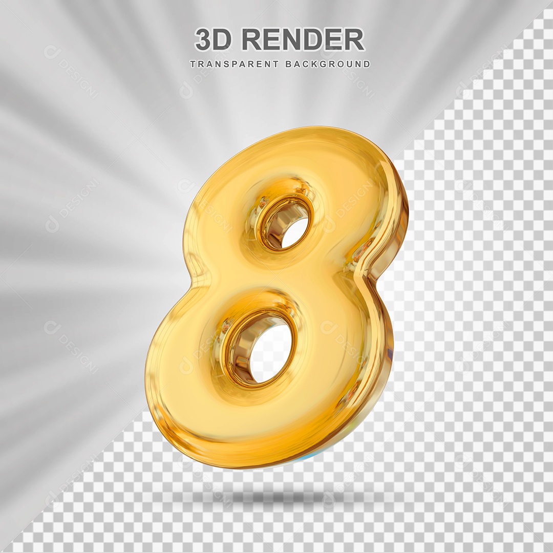 Número 8 Dourado Elemento 3D para Composição PSD