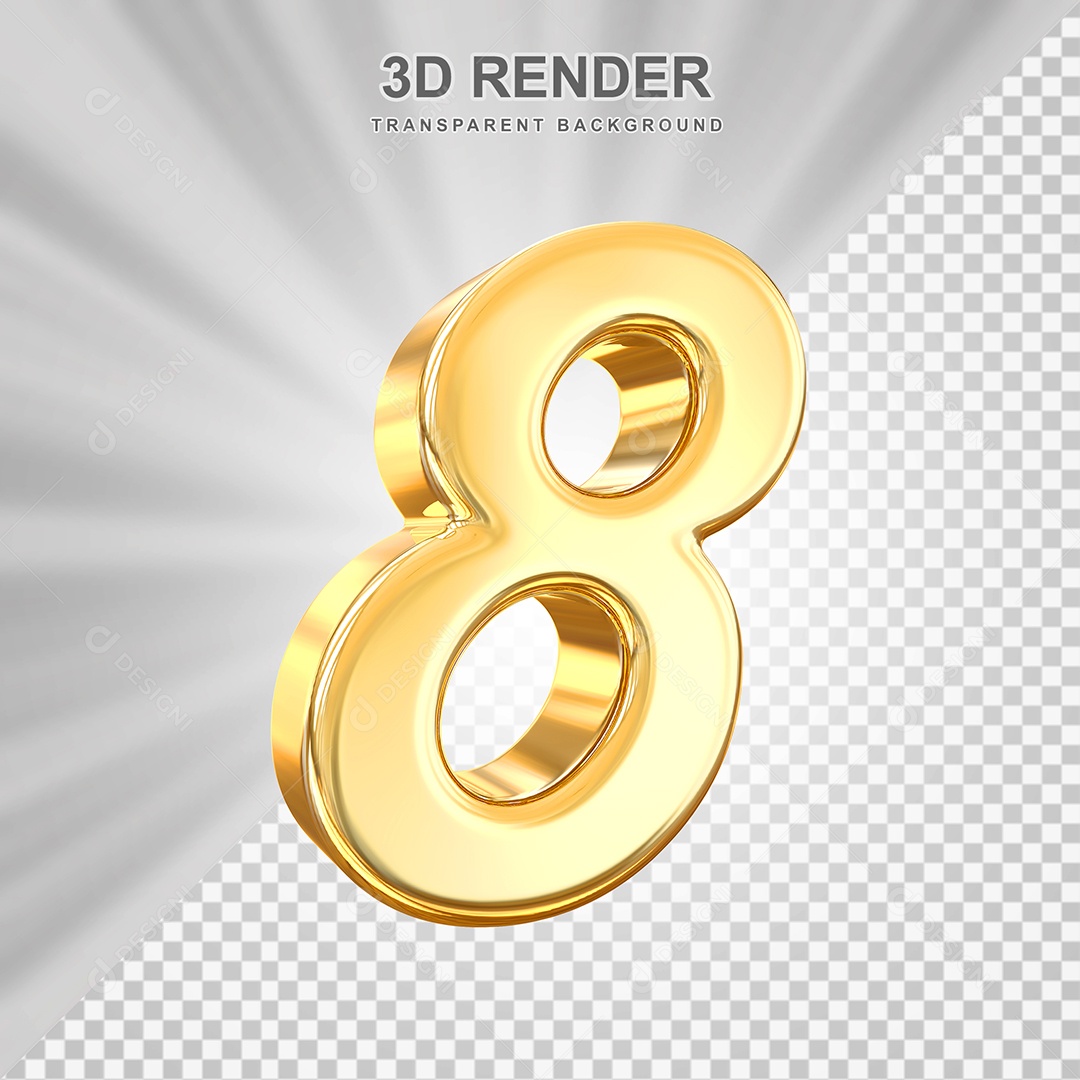 Número 8 Dourado Elemento 3D para Composição PSD