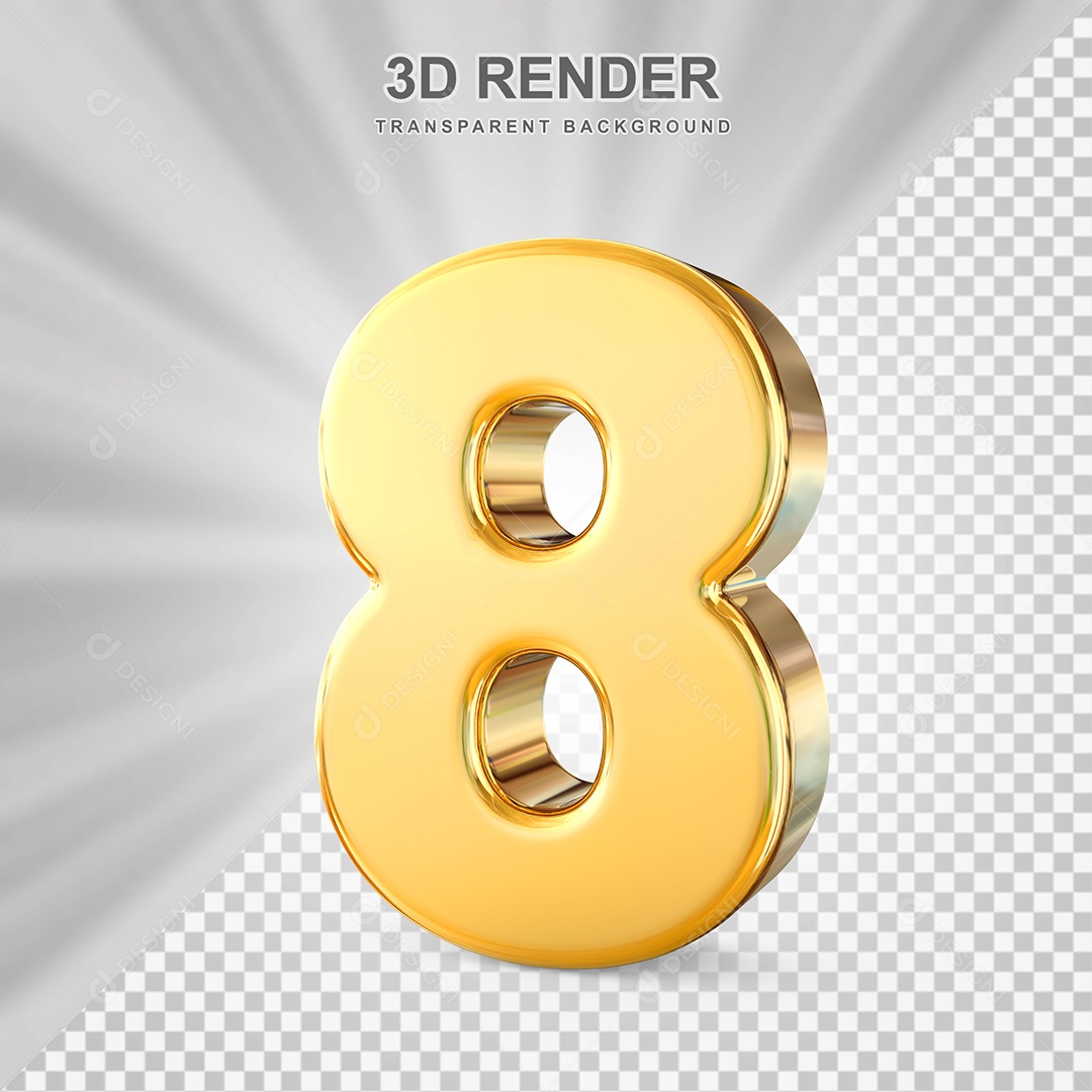 Número 8 Dourado Elemento 3D para Composição PSD