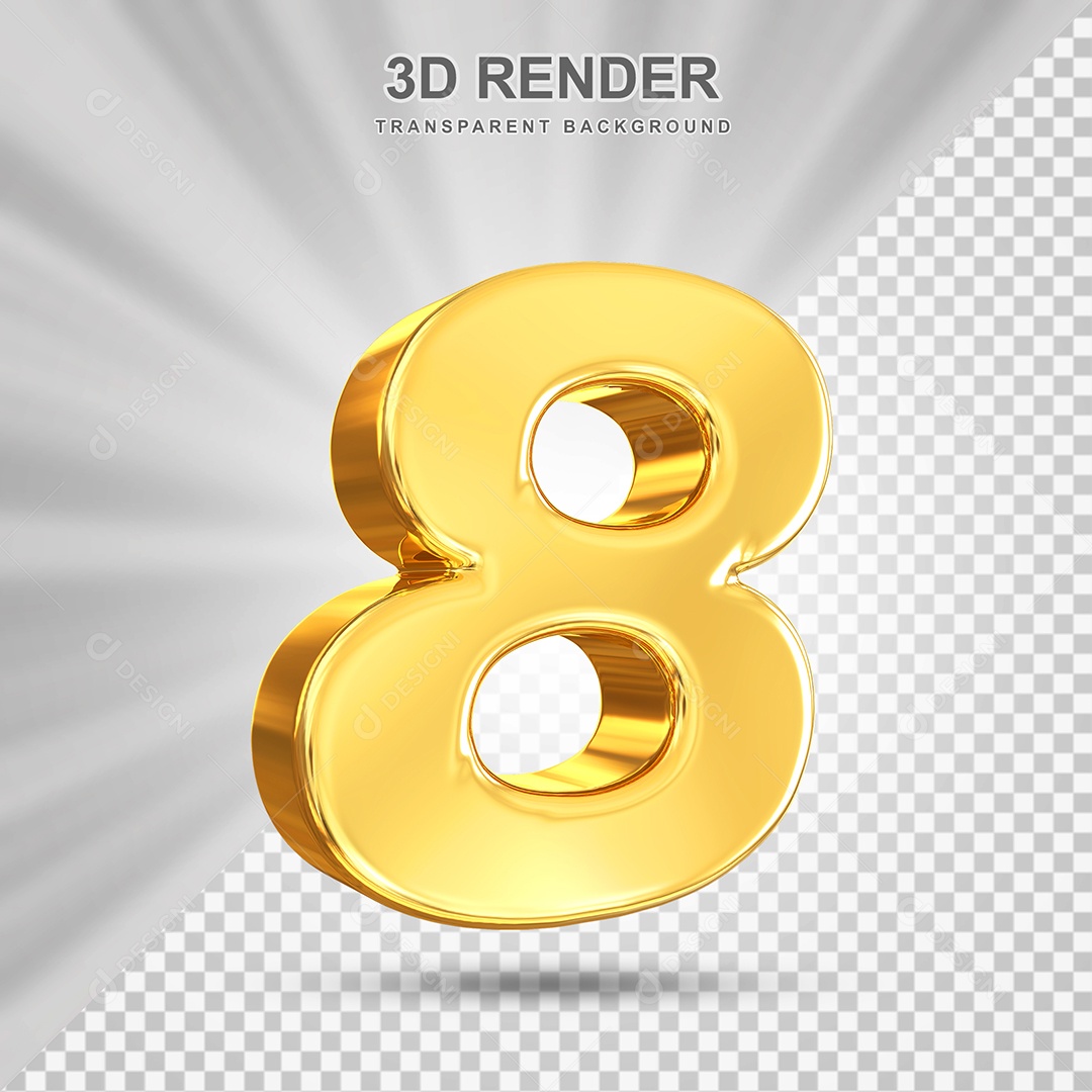 Número 8 Dourado Elemento 3D para Composição PSD