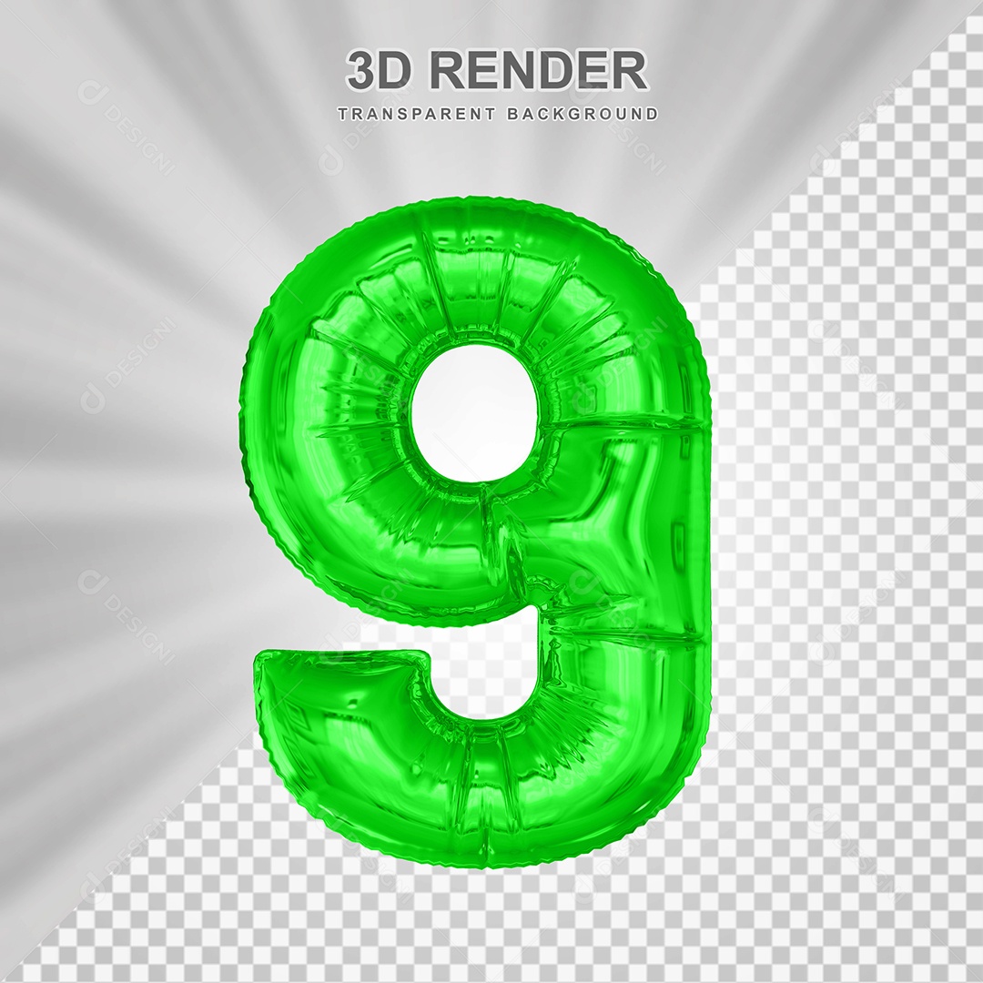 Balão Número 9 Verde Elemento 3D para Composição PSD