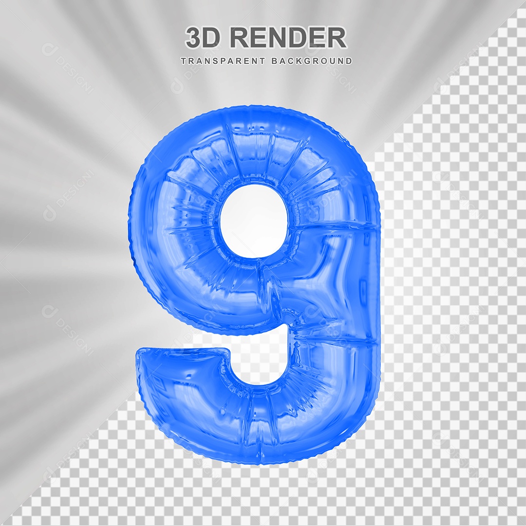 Balão Número 9 Azul Elemento 3D para Composição PSD