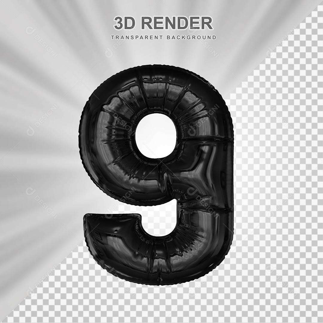 Balão Número 9 Preto Elemento 3D para Composição PSD