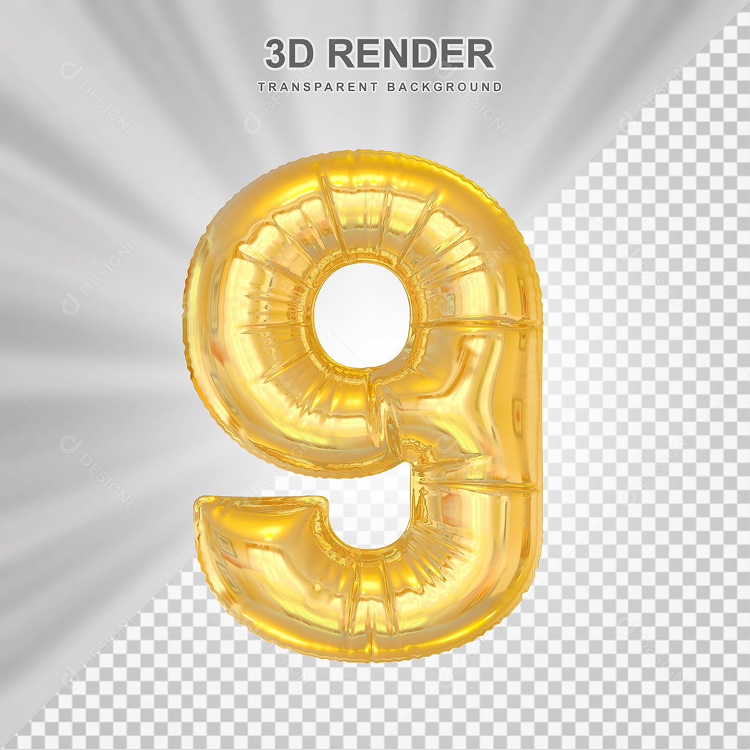Balão Número 9 Dourado Elemento 3D para Composição PSD