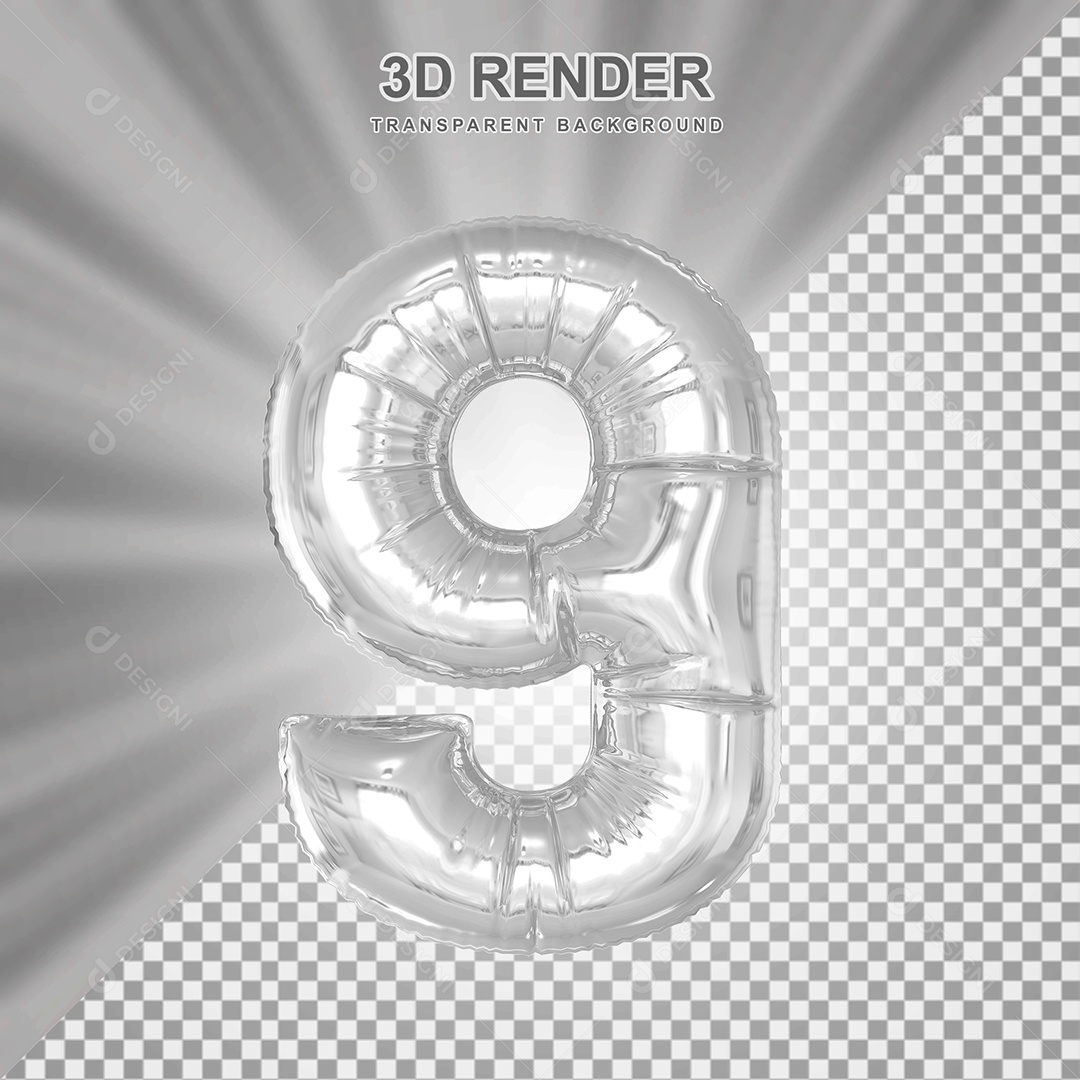 Balão Número 9 Cinza Elemento 3D para Composição PSD