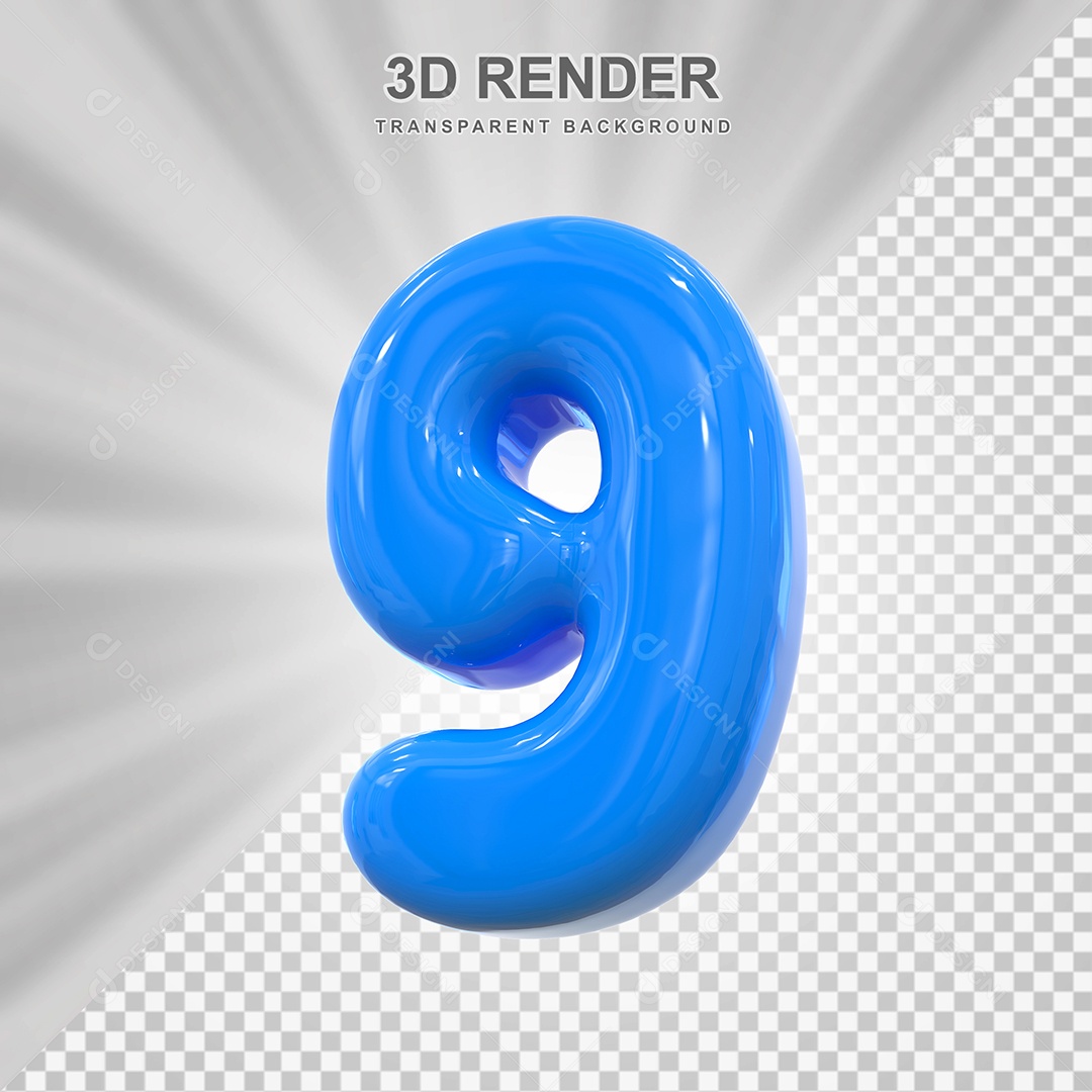 Número 9 Azul Elemento 3D para Composição PSD