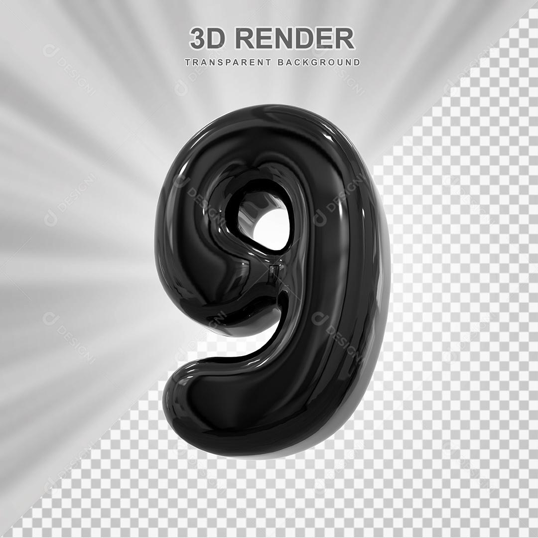 Número 9 Preto Elemento 3D para Composição PSD