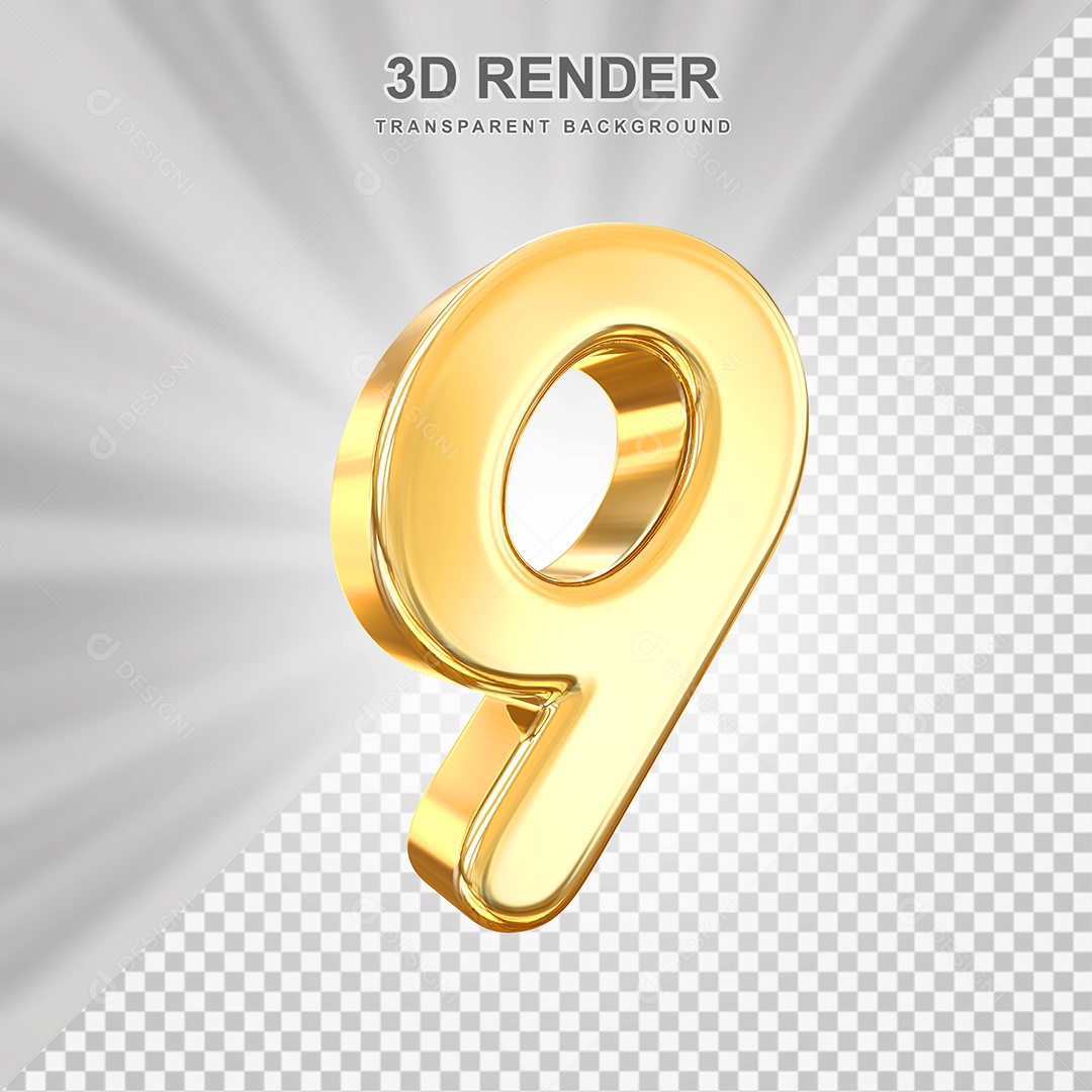 Número 9 Dourado Elemento 3D para Composição PSD
