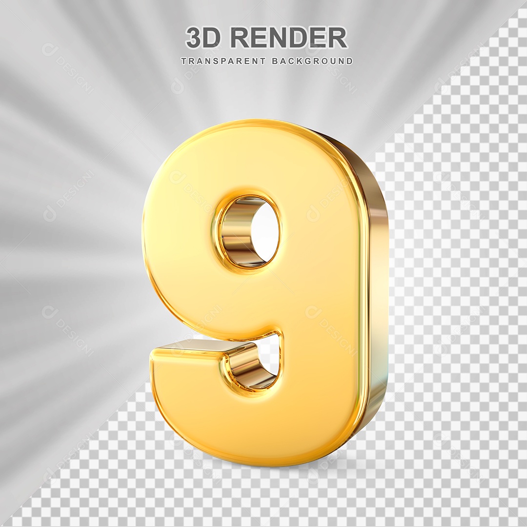Número 9 Dourado Elemento 3D para Composição PSD