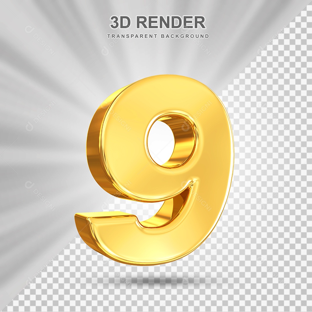 Número 9 Dourado Elemento 3D para Composição PSD