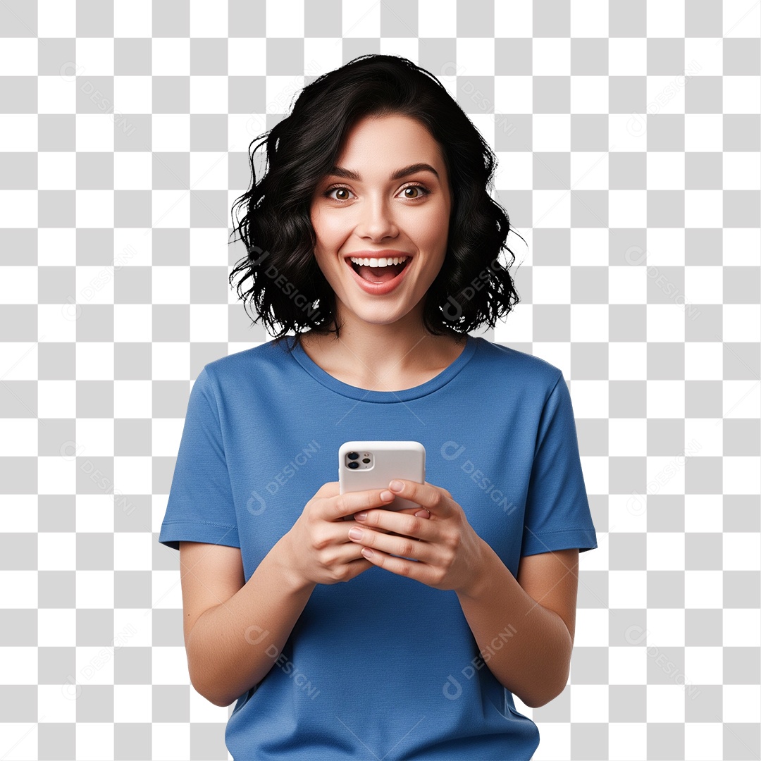 Mulher Vestindo Camisa Azul e Usando Celular PNG Transparente