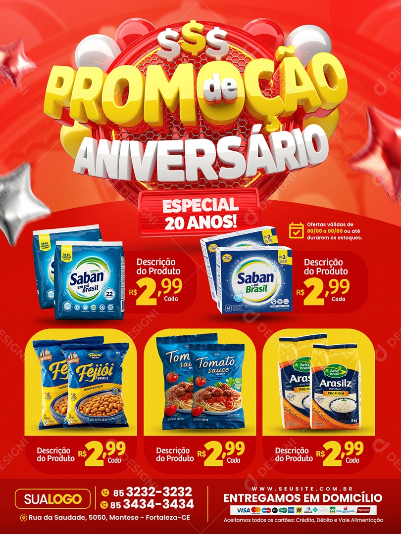 Tabloide Promoção de Aniversário Especial 20 Anos Supermercado Produtos Social Media PSD Editável