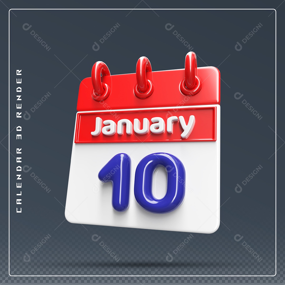 Calendário Do mês Janeiro Dia 10 Elemento 3D Vermelho Azul e Branco Para Composição PSD