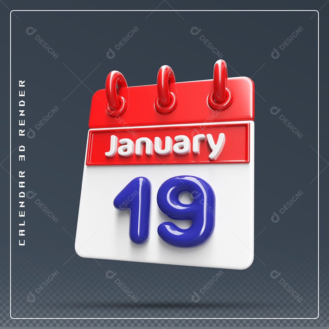 Calendário Do mês Janeiro Dia 19 Elemento 3D Vermelho Azul e Branco Para Composição PSD
