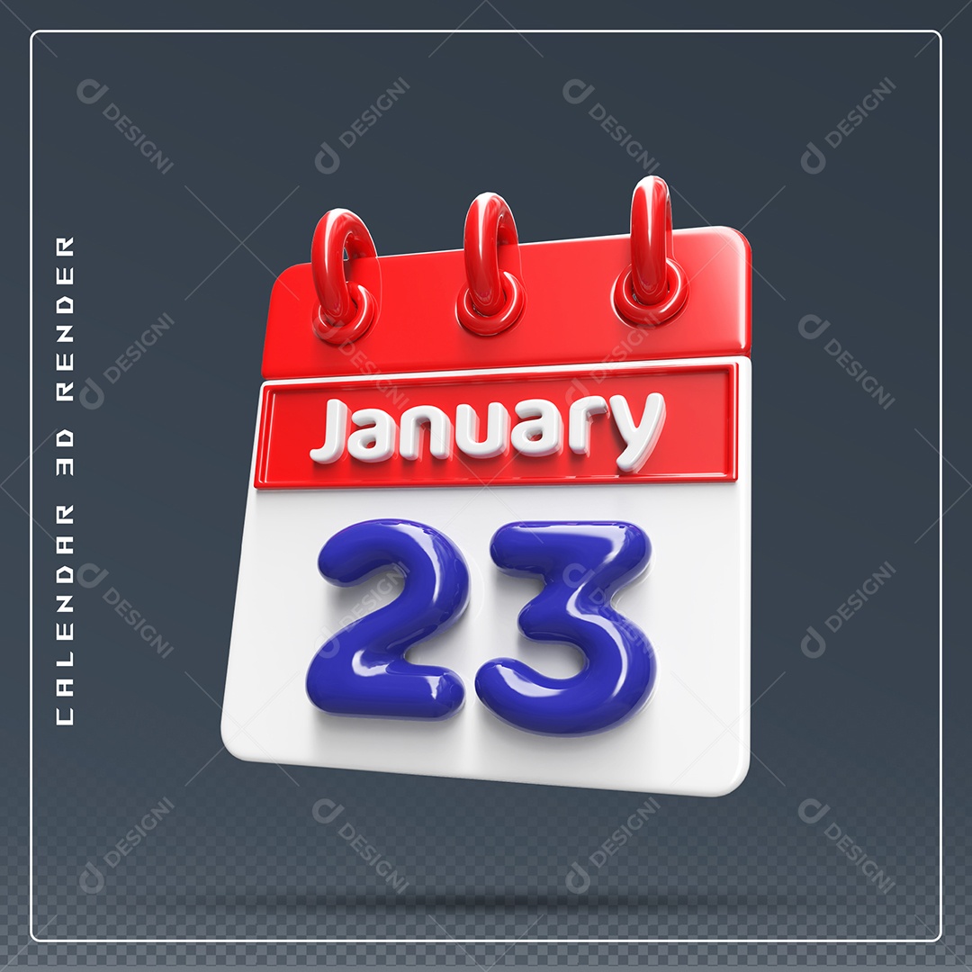 Calendário Do mês Janeiro Dia 23 Elemento 3D Vermelho Azul e Branco Para Composição PSD