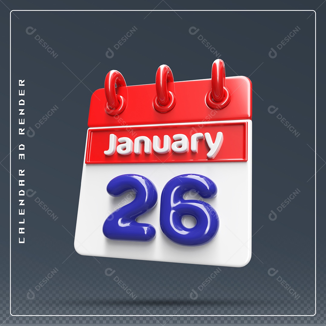 Calendário Do mês Janeiro Dia 26 Elemento 3D Vermelho Azul e Branco Para Composição PSD