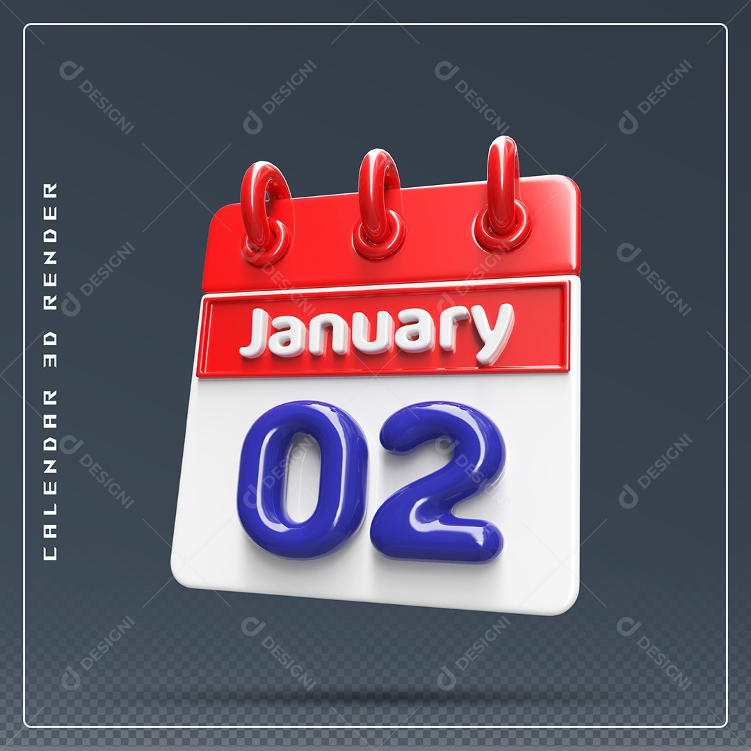 Calendário Do mês Janeiro Dia 02 Elemento 3D Vermelho Azul e Branco Para Composição PSD