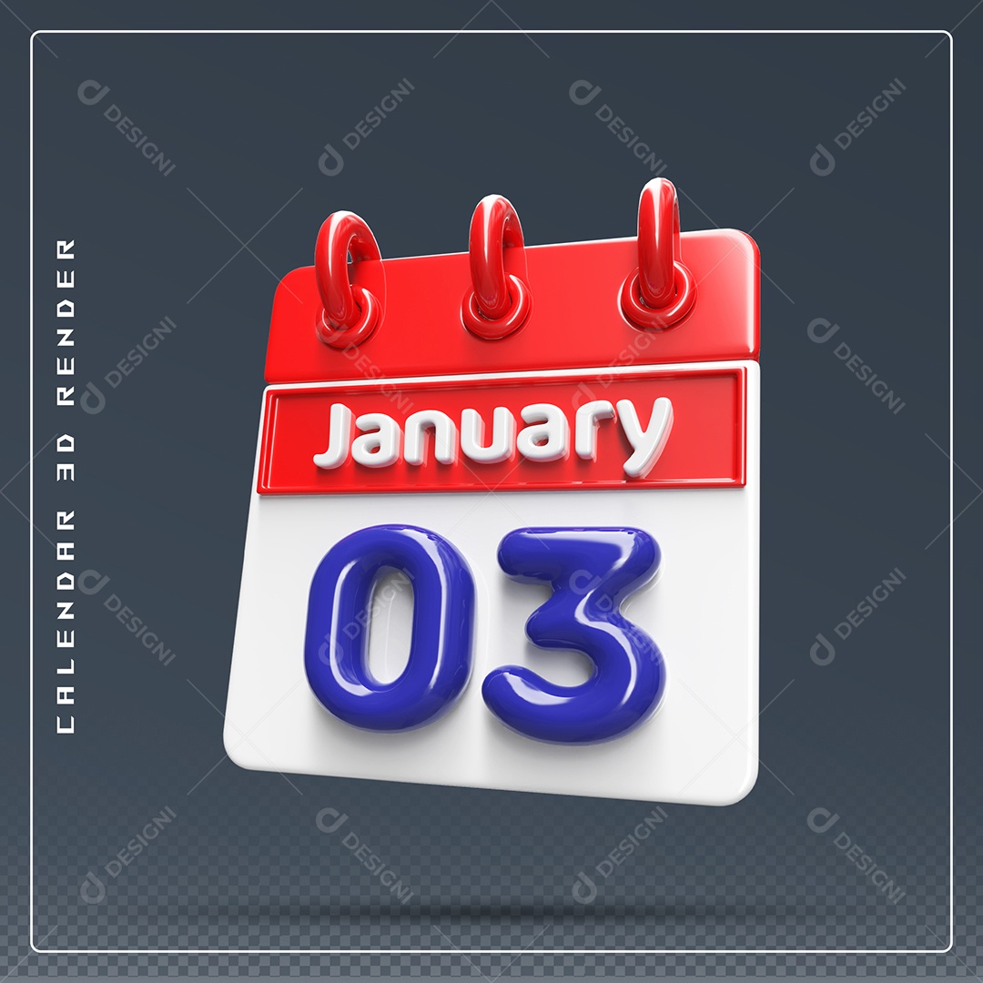 Calendário Do mês Janeiro Dia 03 Elemento 3D Vermelho Azul e Branco Para Composição PSD