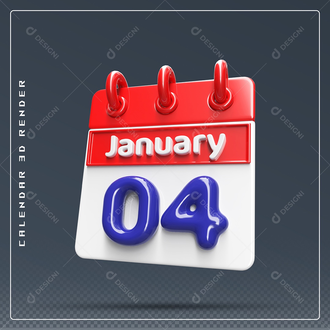 Calendário Do mês Janeiro Dia 04 Elemento 3D Vermelho Azul e Branco Para Composição PSD