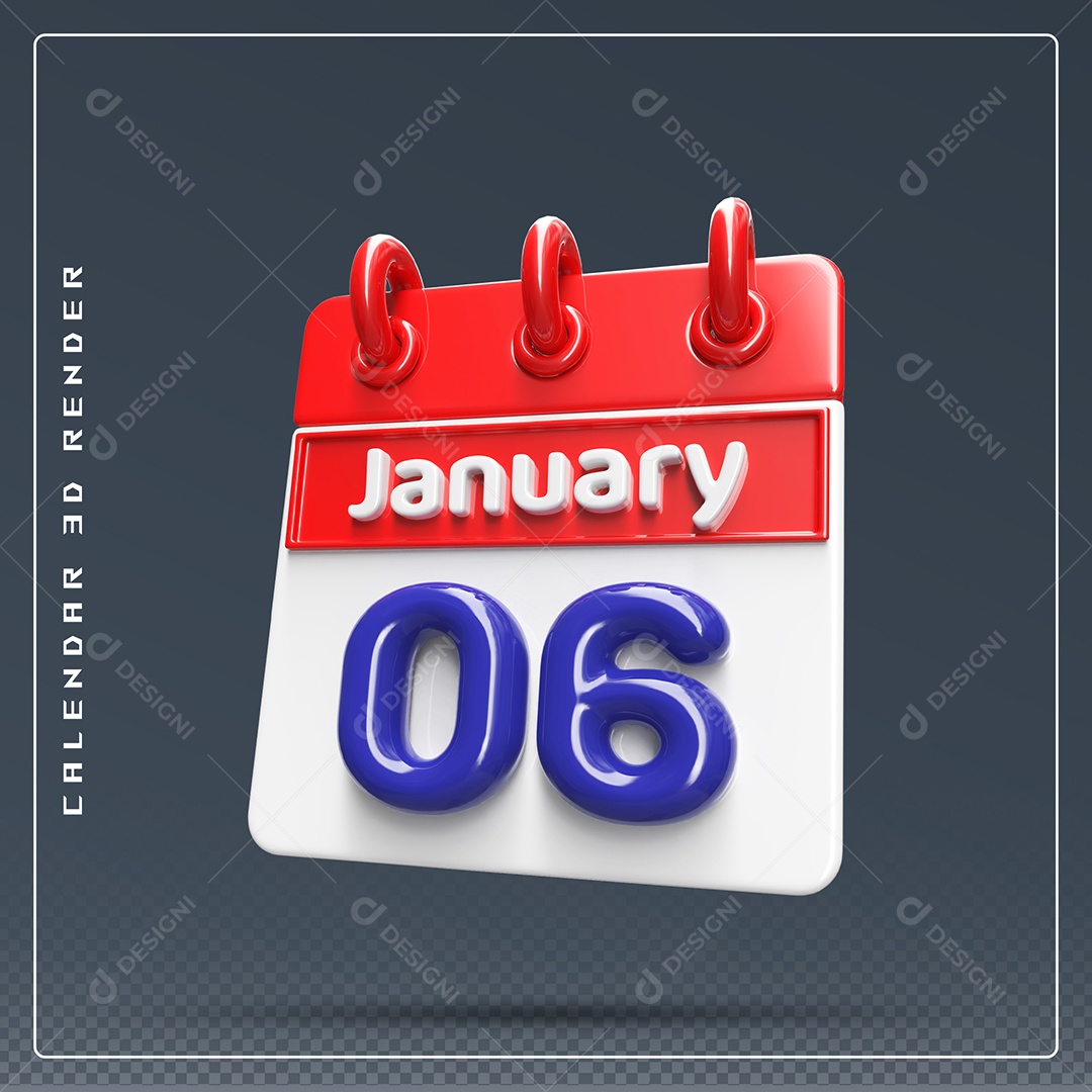 Calendário Do mês Janeiro Dia 06 Elemento 3D Vermelho Azul e Branco Para Composição PSD