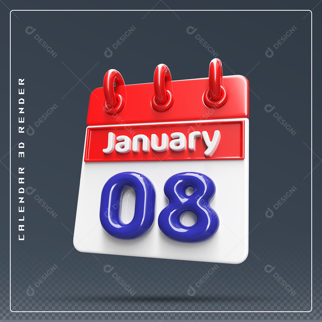 Calendário Do mês Janeiro Dia 08 Elemento 3D Vermelho Azul e Branco Para Composição PSD