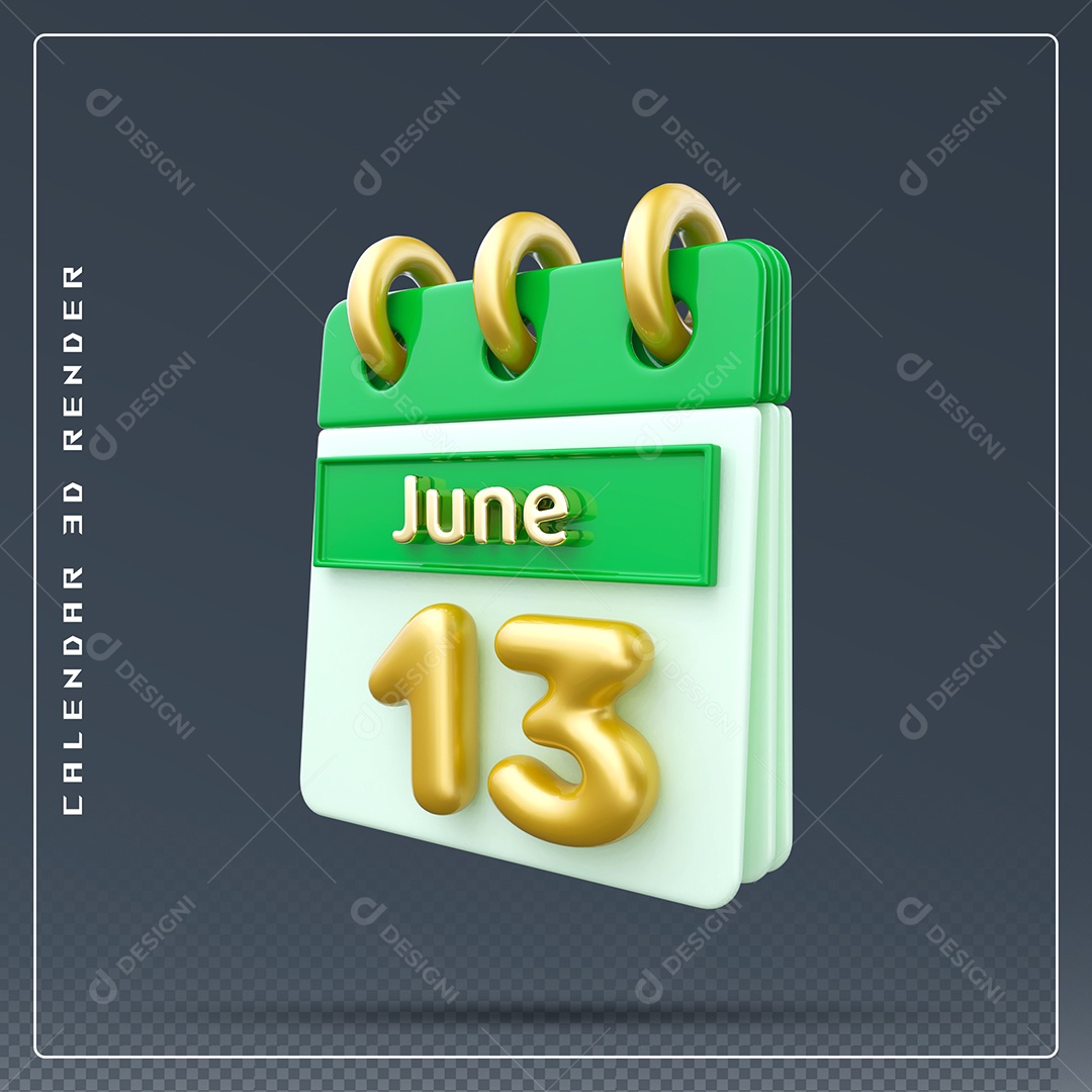Calendário Do mês Junho Dia 13 Elemento 3D Verde Dourado E Branco Para Composição PSD