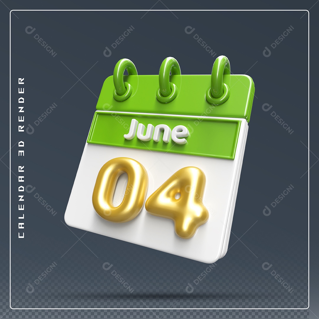 Calendário Do mês Junho Dia 04 Elemento 3D Verde Dourado E Branco Para Composição PSD