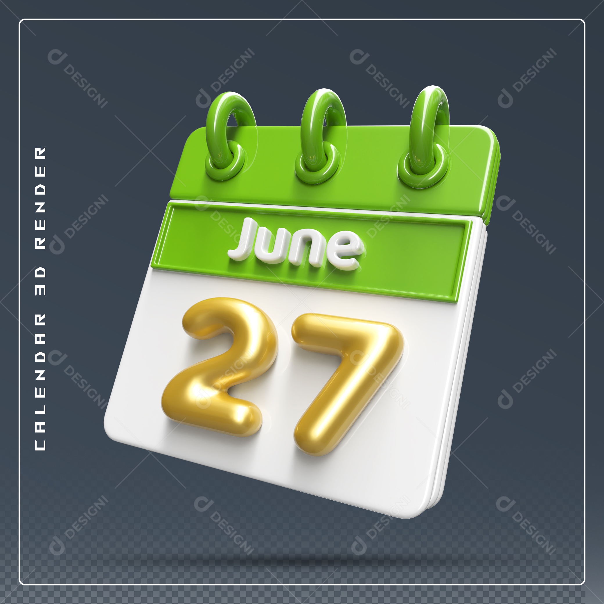 Calendário Do mês Junho Dia 27 Elemento 3D Verde Dourado E Branco Para Composição PSD