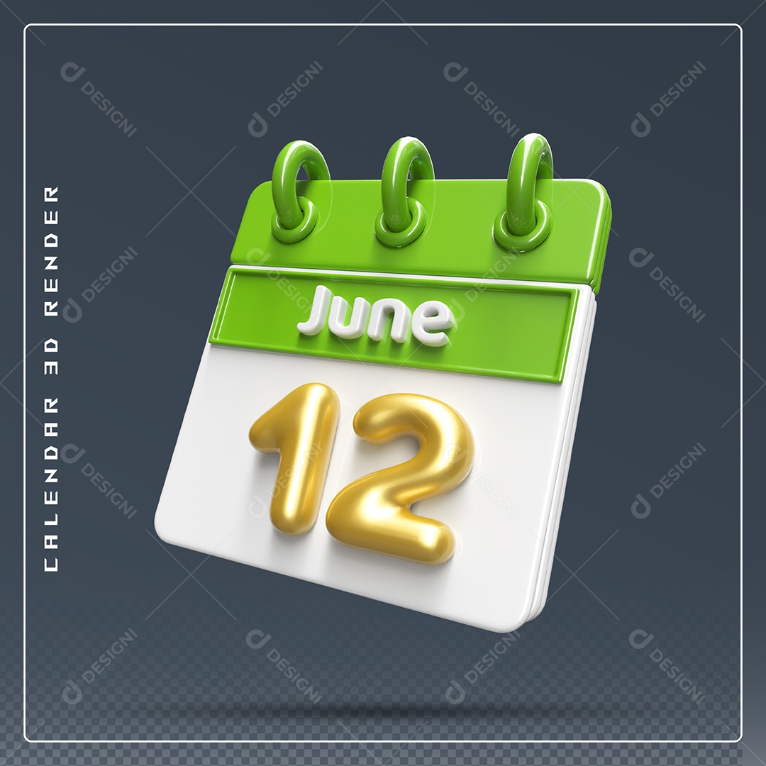 Calendário Do mês Junho Dia 12 Elemento 3D Verde Dourado E Branco Para Composição PSD