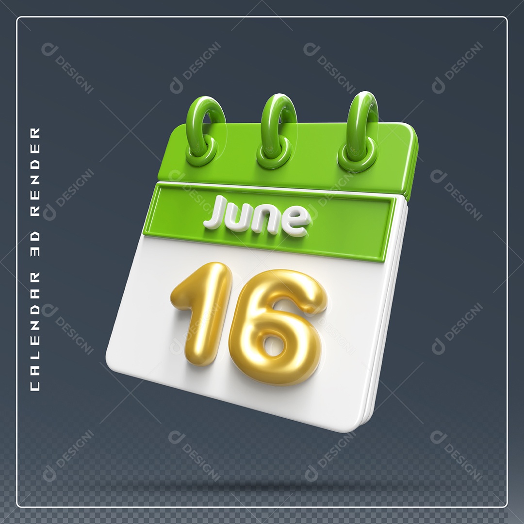 Calendário Do mês Junho Dia 16 Elemento 3D Verde Dourado E Branco Para Composição PSD