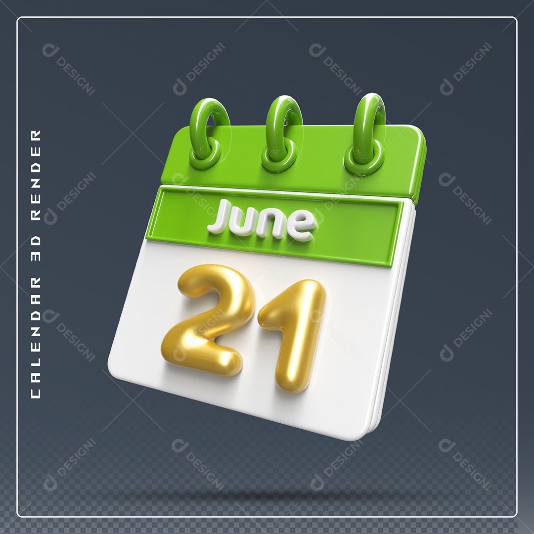 Calendário Do mês Junho Dia 21 Elemento 3D Verde Dourado E Branco Para Composição PSD