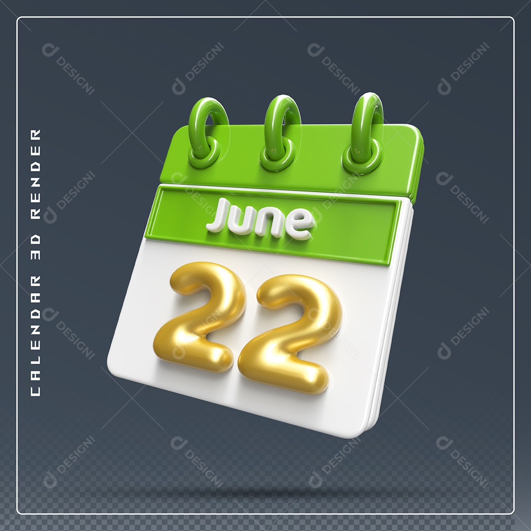 Calendário Do mês Junho Dia 22 Elemento 3D Verde Dourado E Branco Para Composição PSD